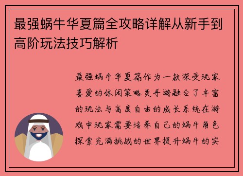 最强蜗牛华夏篇全攻略详解从新手到高阶玩法技巧解析